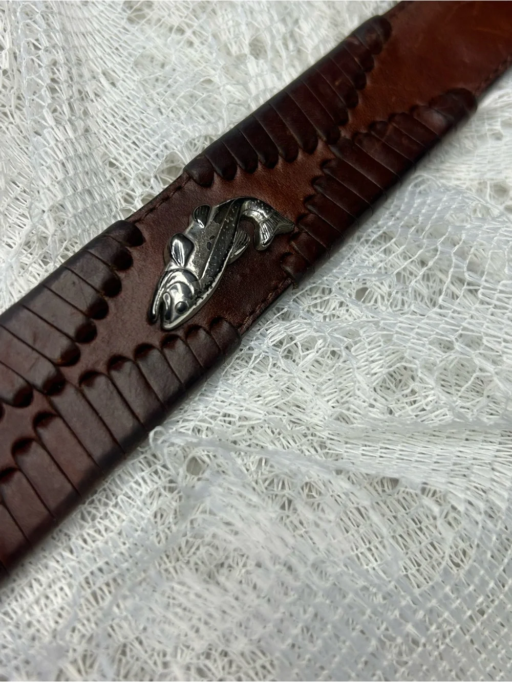 Brighton men's brown leather belt with silver fish accents